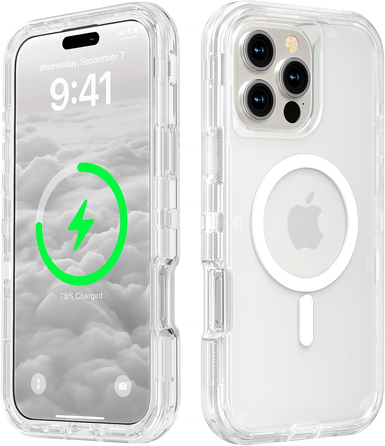 Follaroma clear iPhone 16 Pro Max case showing its raised bezels and charging port dust cover