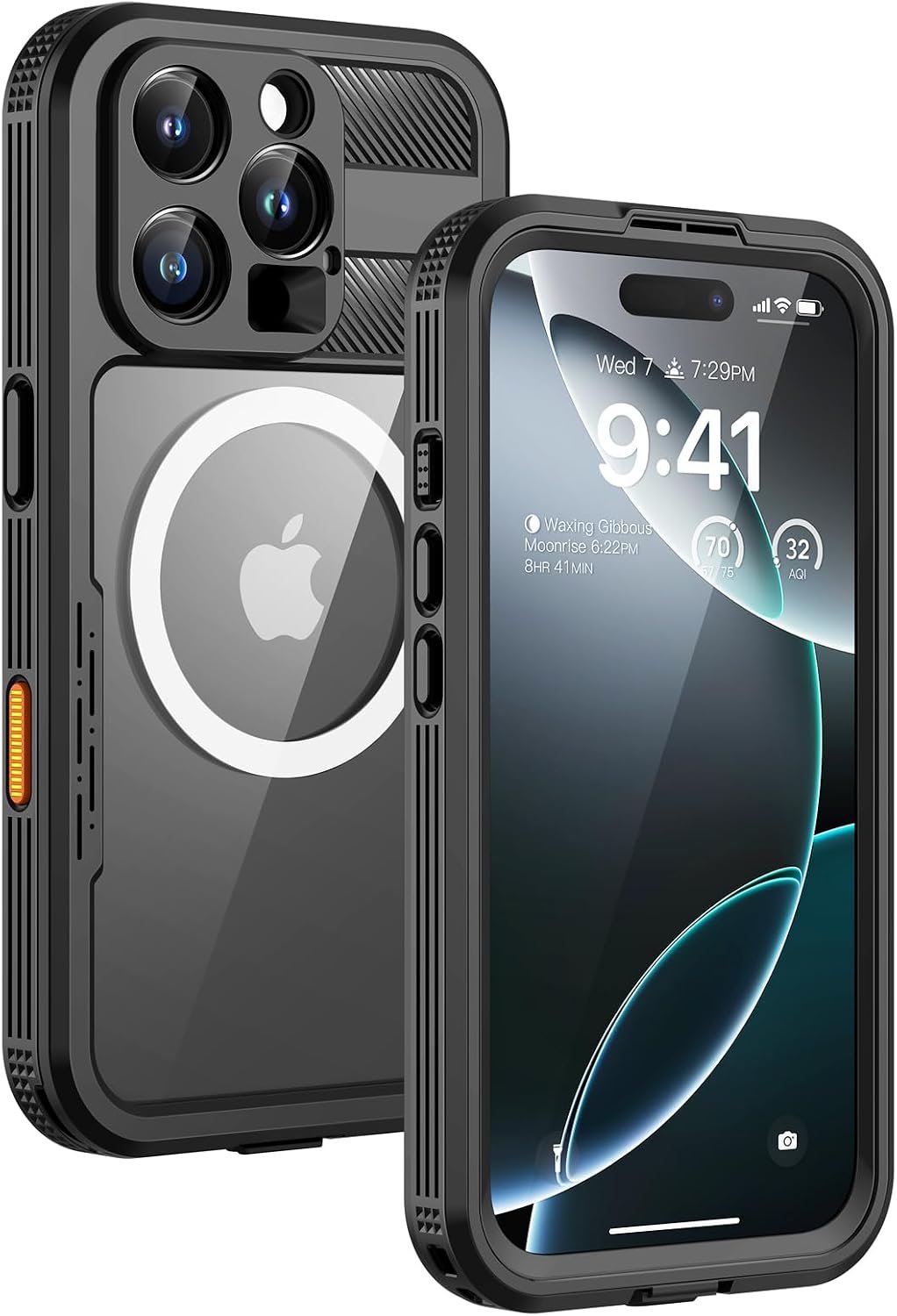 Lanhiem waterproof iPhone 16 Pro Max case in black and clear with its sealed port covers