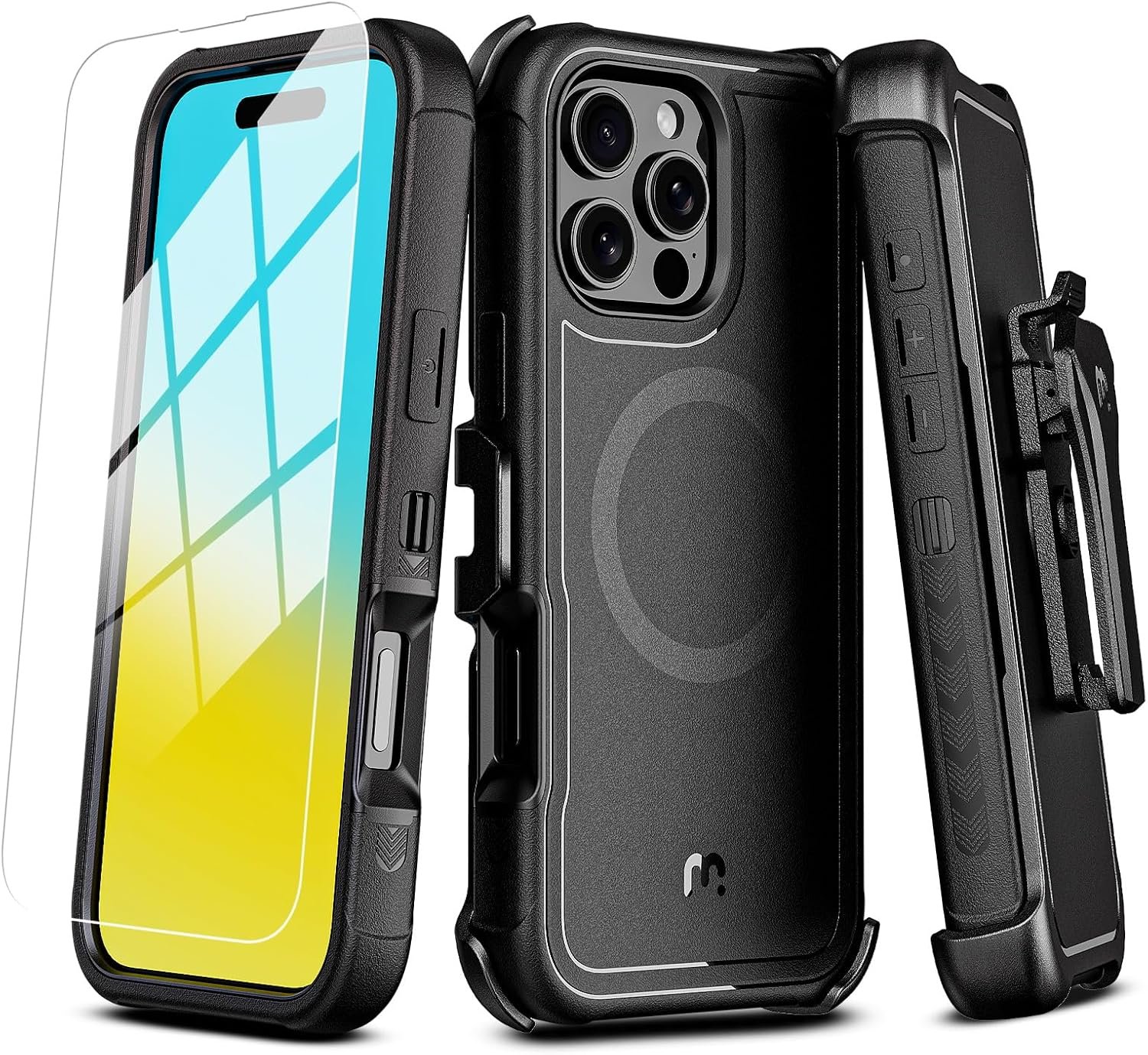 M MYBAT PRO iPhone 16 Pro Max case in black with its detachable belt clip holster