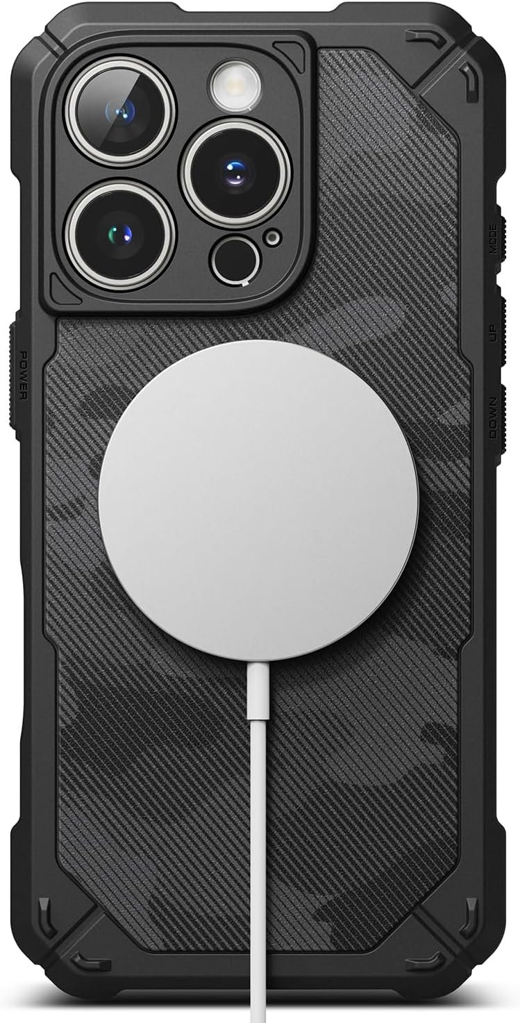 Ringke Rugged Gear iPhone 16 Pro Max case in camo black with a non-slip pattern