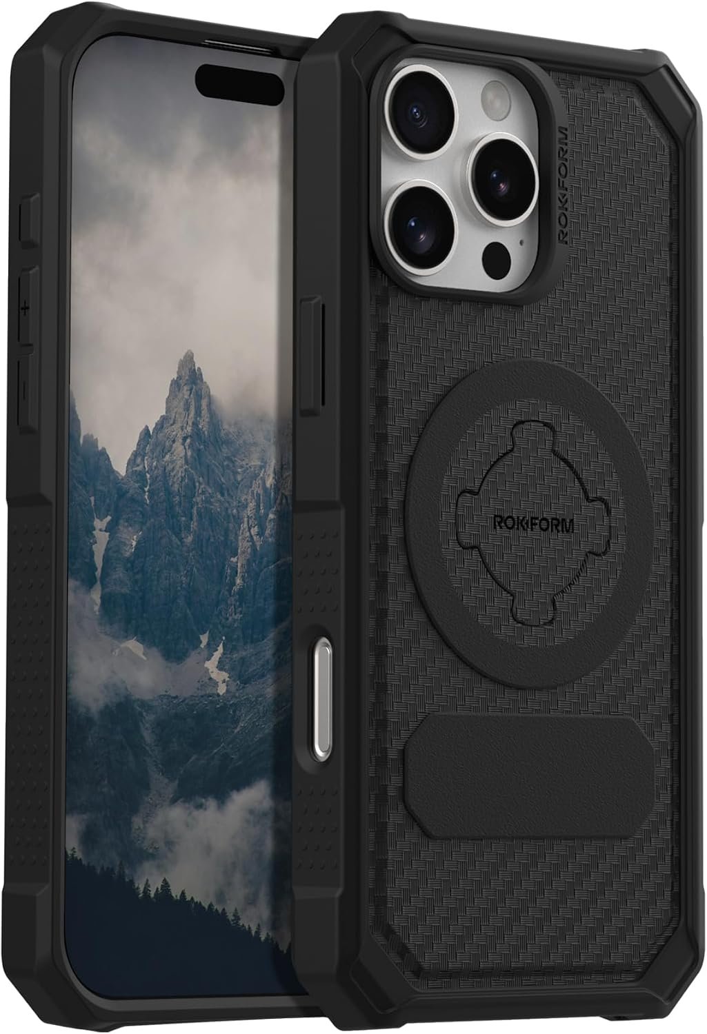 Rokform rugged iPhone 16 Pro Max case in black showing the RokLock twist mount on the back