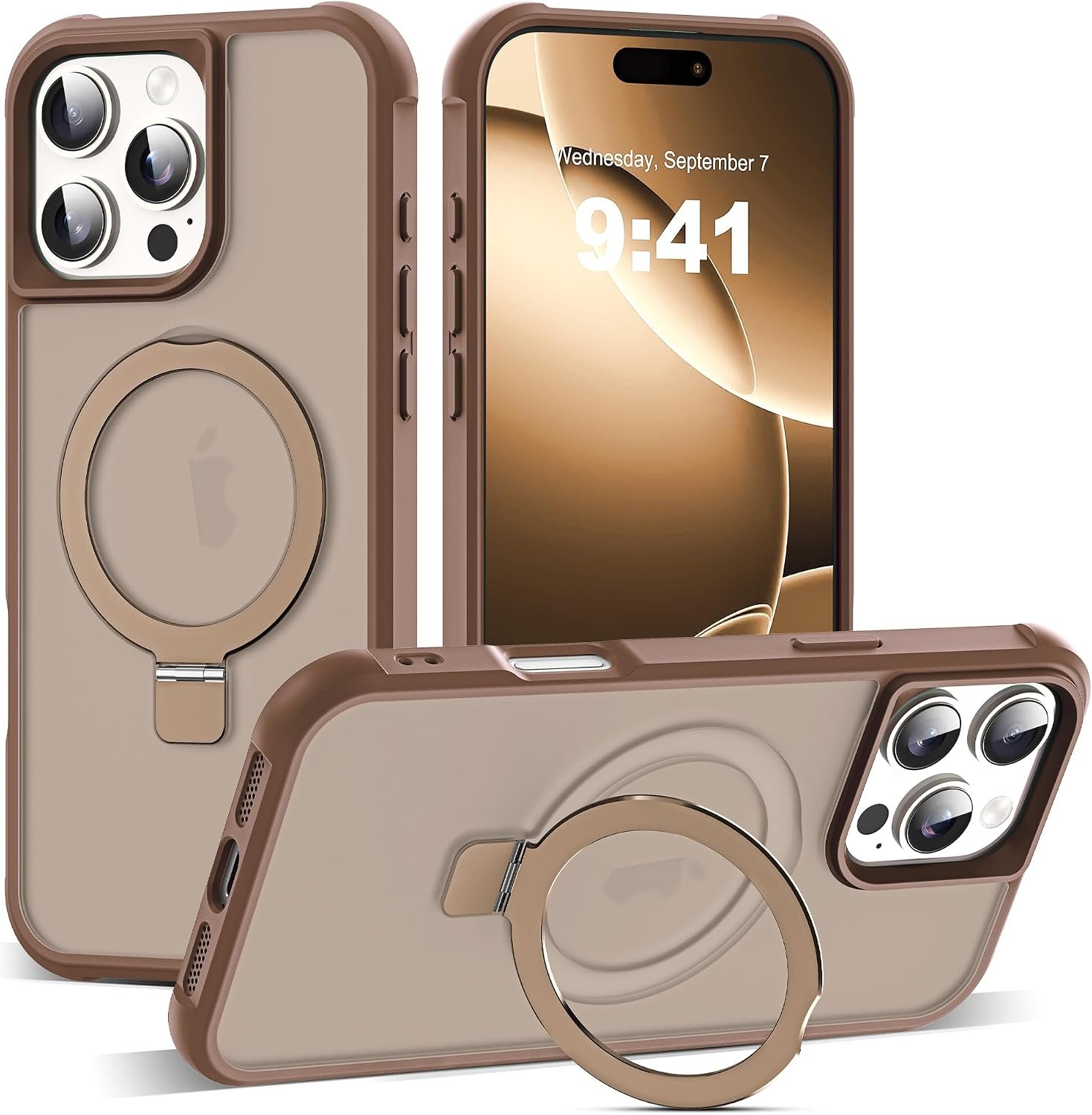 SKYLMW iPhone 16 Pro Max case in desert brown with its aluminium O-ring kickstand open