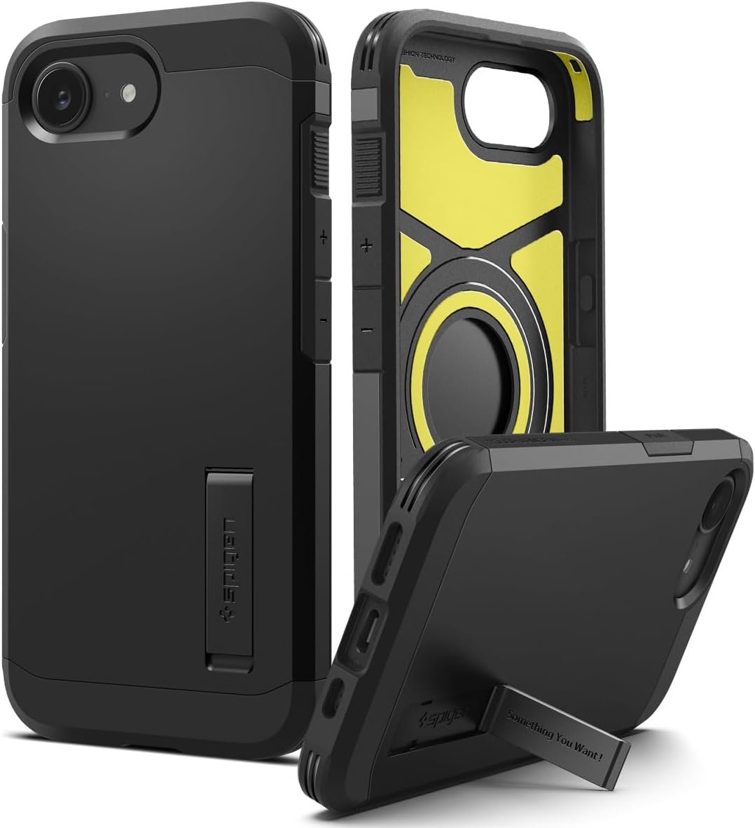 Spigen Tough Armor MagFit iPhone 16e case in black with its built-in kickstand