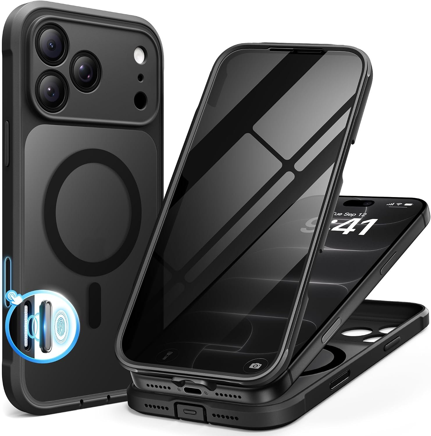 BERFY iPhone 17 Pro Max case with a built-in privacy screen protector and glass back