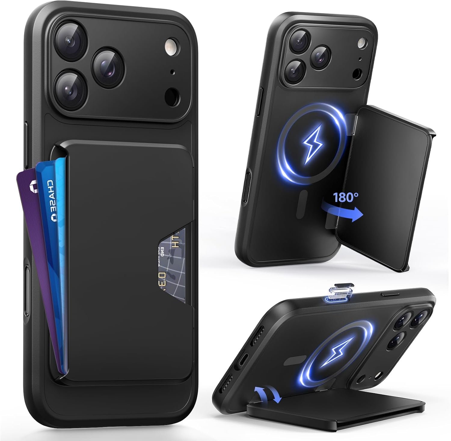 GolbinBox iPhone 17 Pro Max case in black showing its side card slot and flip kickstand