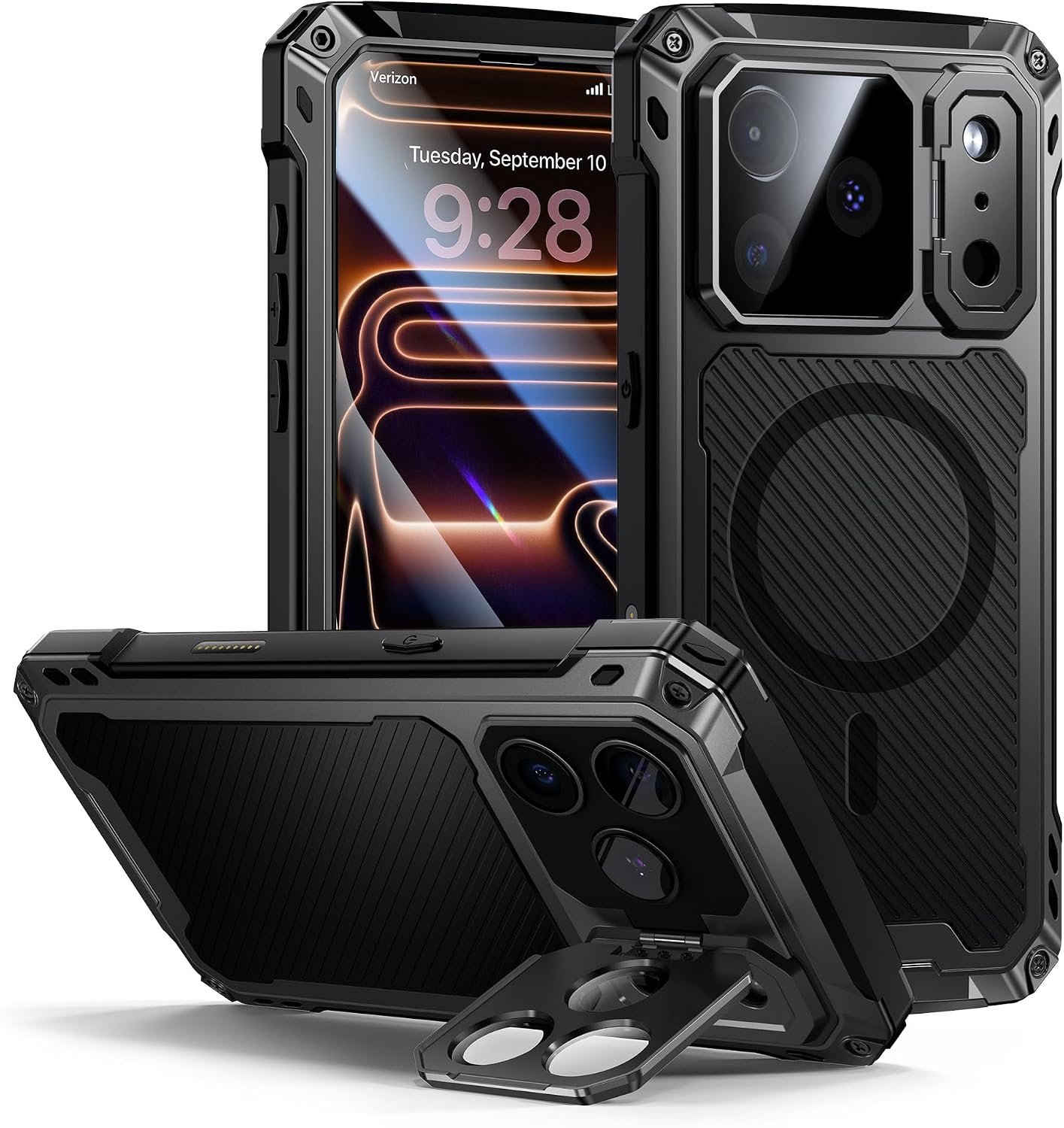 Lanhiem aluminium alloy iPhone 17 Pro Max case with the camera kickstand flipped open