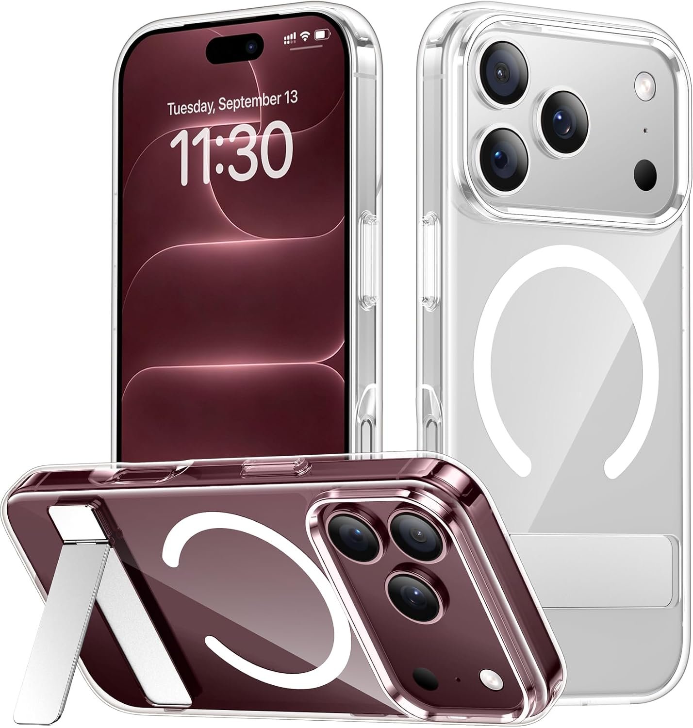 SPIDERCASE clear iPhone 17 Pro Max case with its aluminium invisible stand extended