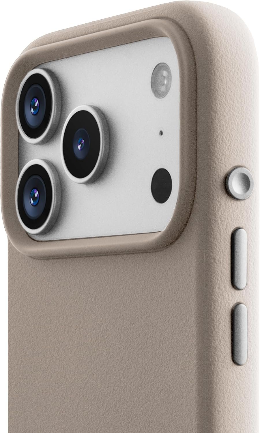 TineeOwl iPhone 17 Pro Max case with brushed aluminium buttons and a stone texture back