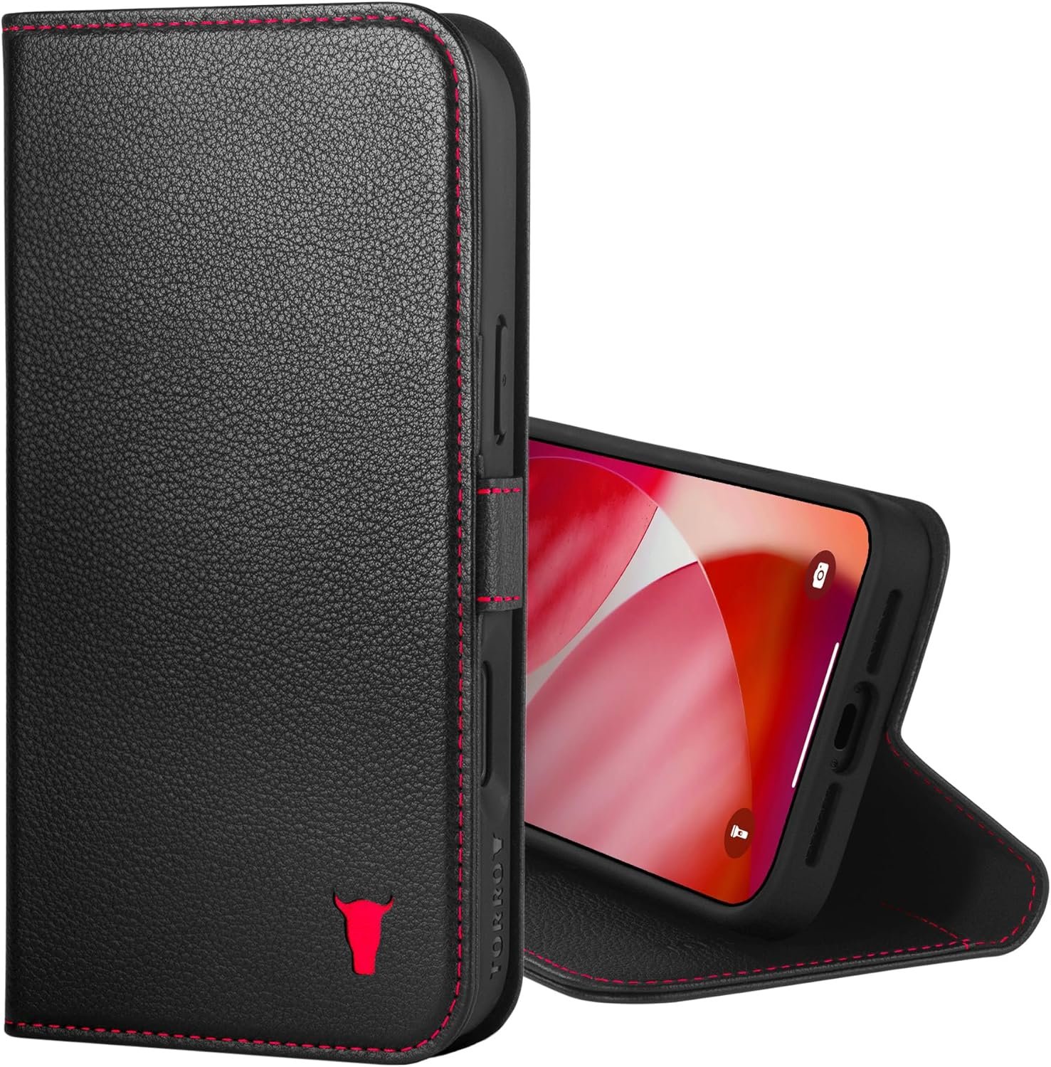 TORRO black cowhide leather wallet case for the iPhone 17 Pro Max open on its stand