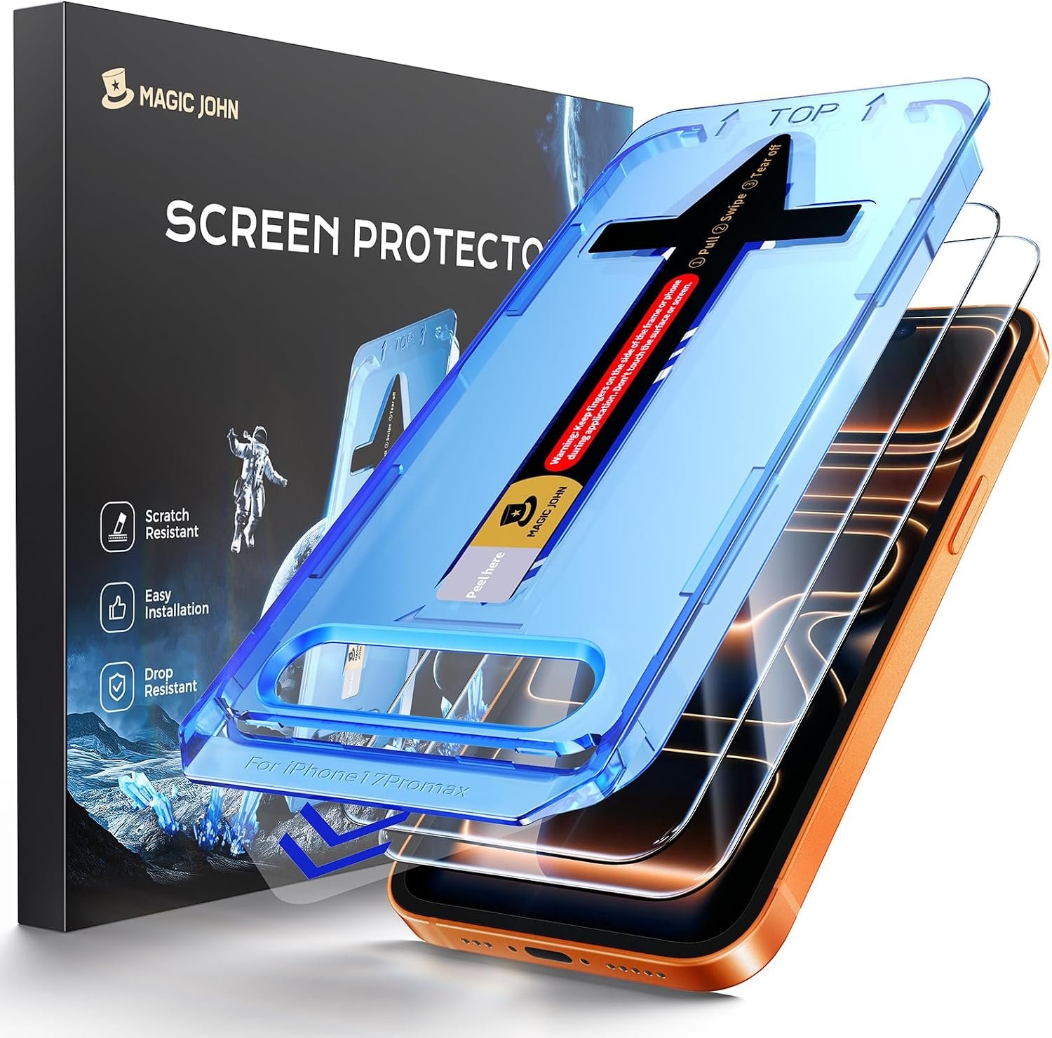 MAGIC JOHN iPhone 17 Pro Max screen protector with its speaker dust cover and alignment tray
