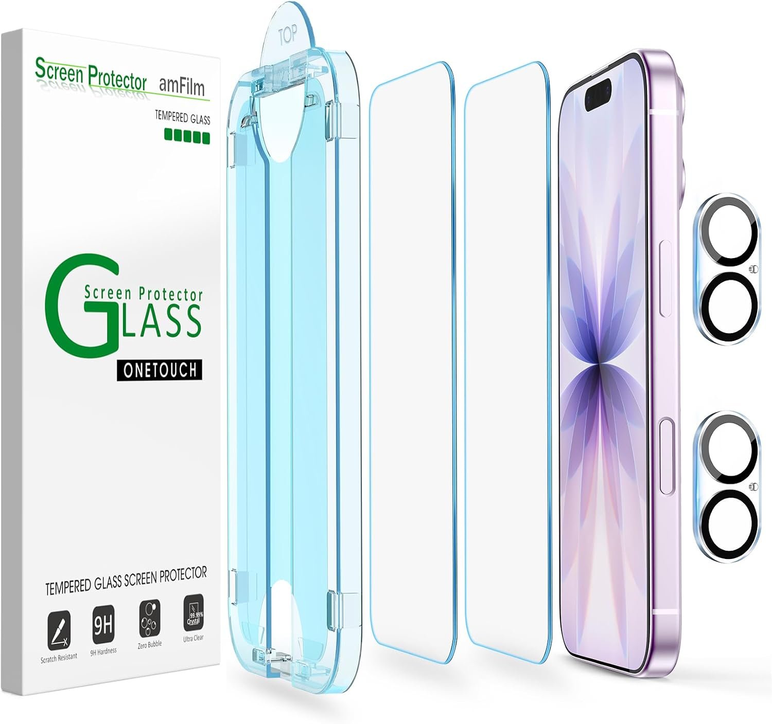 amFilm OneTouch iPhone 17 screen protector beside its automatic alignment kit