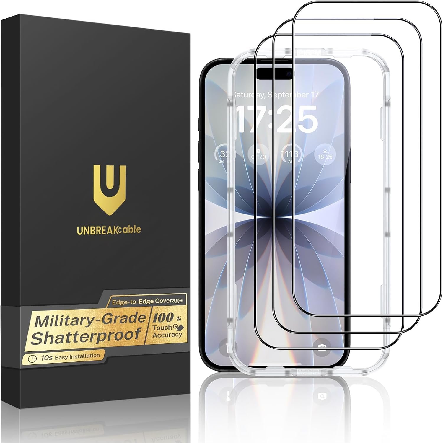 UNBREAKcable three pack of full coverage iPhone 17 screen protectors with an alignment frame