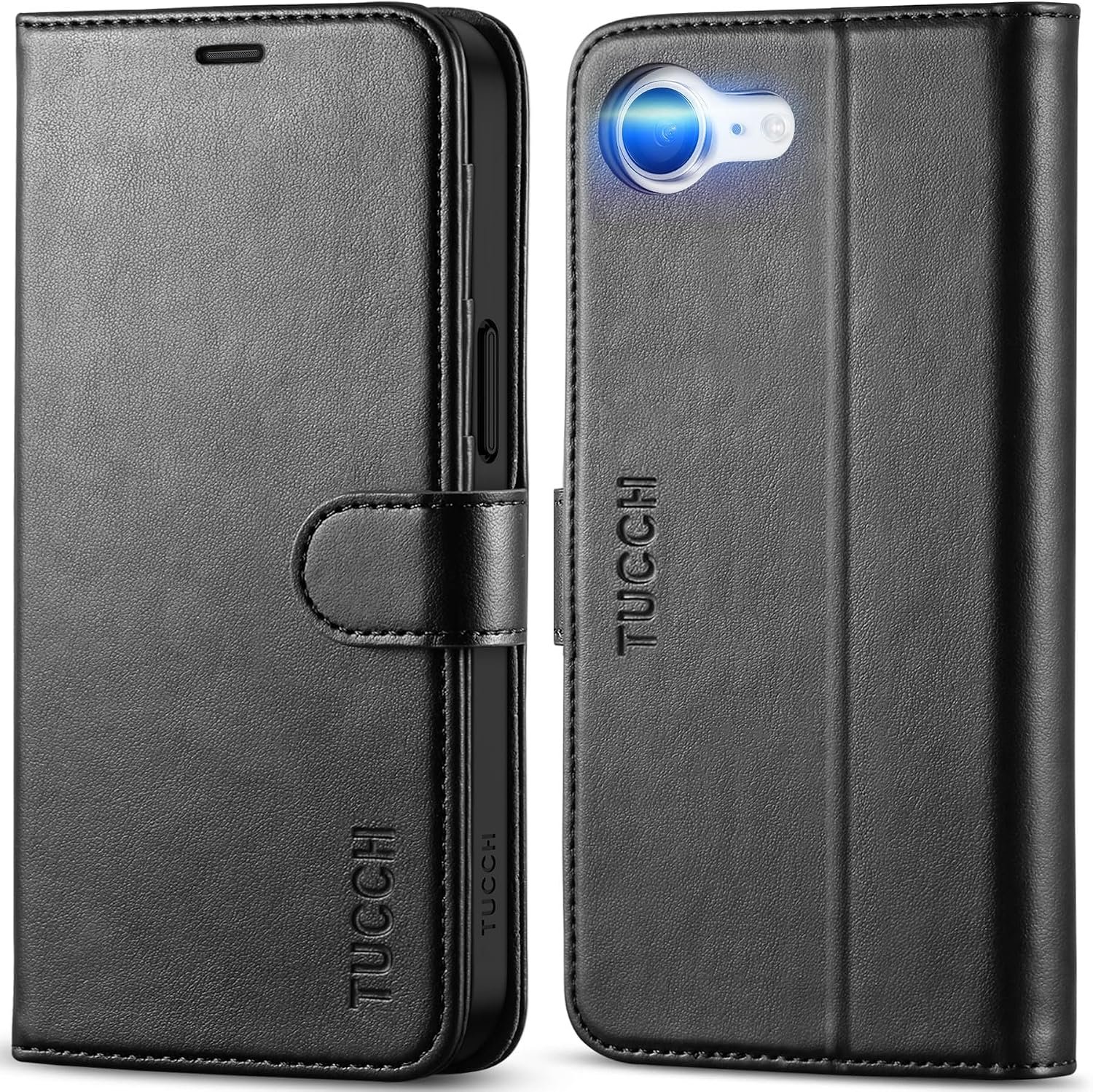 TUCCH leather wallet case for the iPhone 17e open to show four card slots