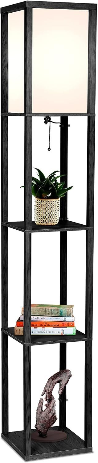 Brightech Maxwell black shelf floor lamp with an off-white shade