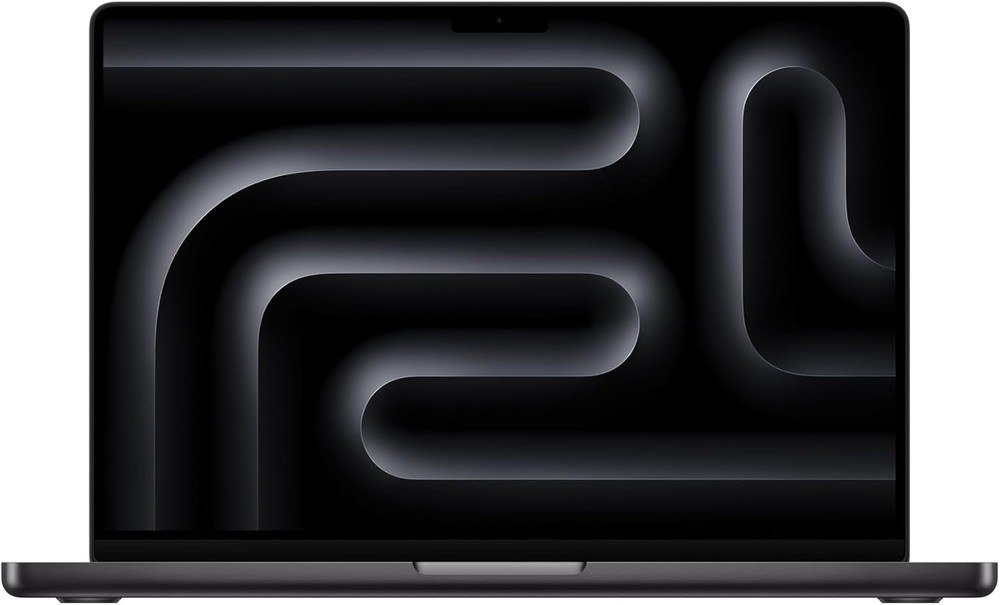 Apple MacBook Pro 14-inch in Space Black, lid open to a dark wallpaper