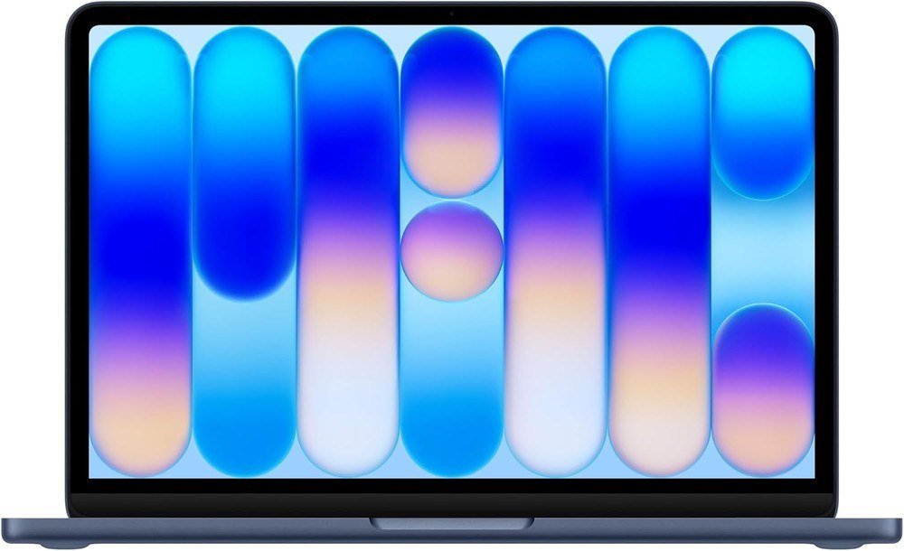 Apple MacBook Neo in Indigo open to a colorful striped wallpaper