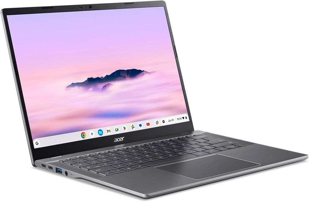 Acer Chromebook Plus 514 in gray open to the ChromeOS desktop