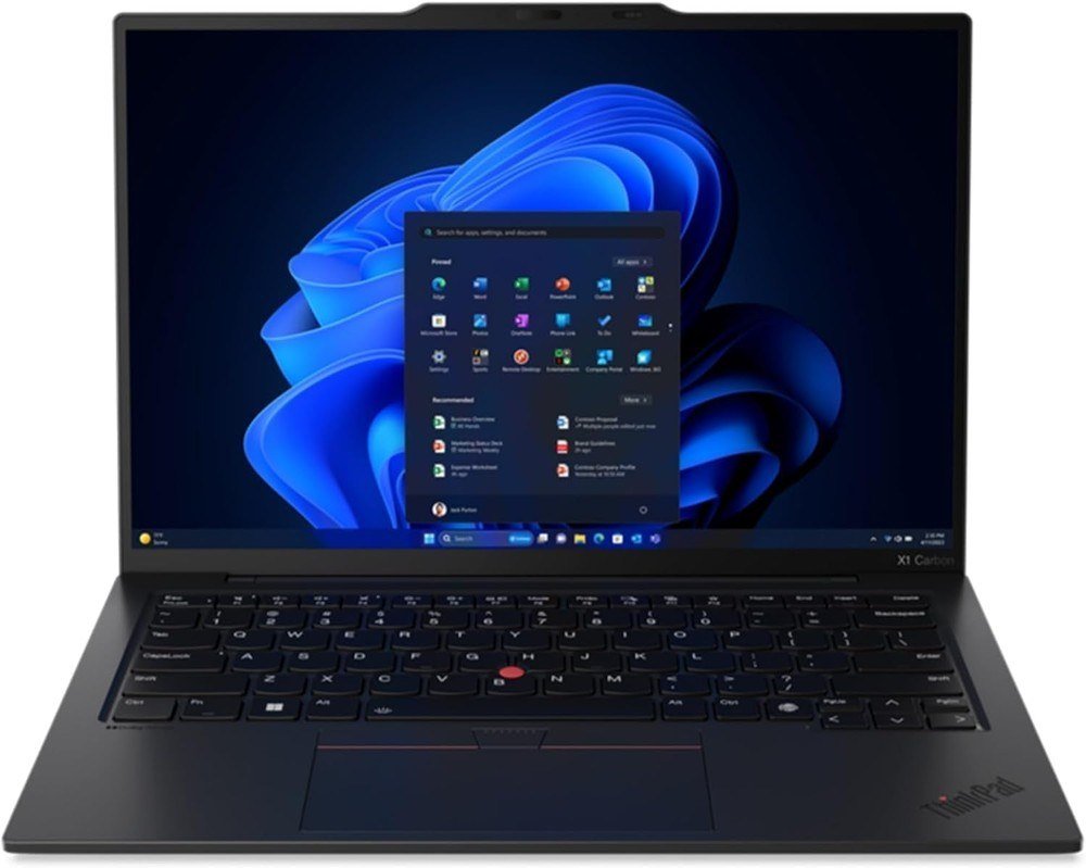Lenovo ThinkPad X1 Carbon Gen 13 open, showing the Windows screen and the red TrackPoint