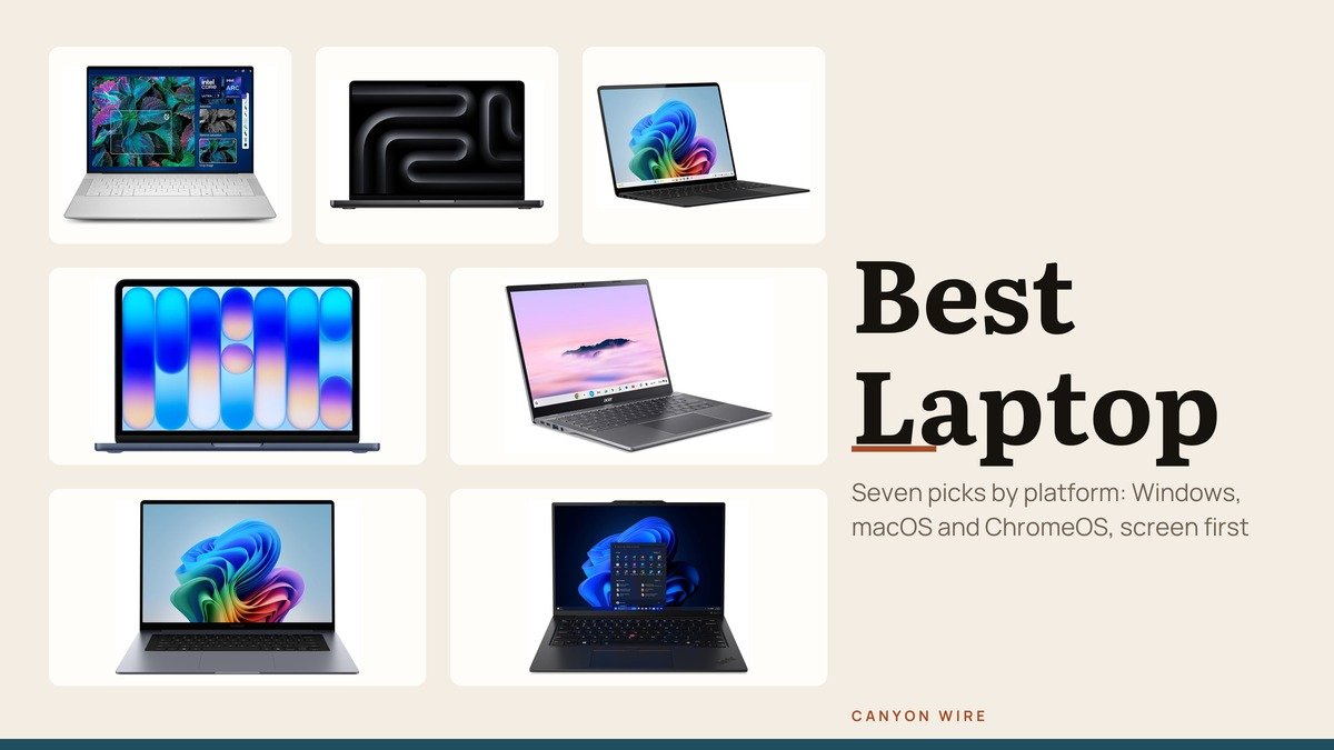 Best Laptop headline over a lineup of seven laptops from Dell, Apple, Microsoft and Samsung