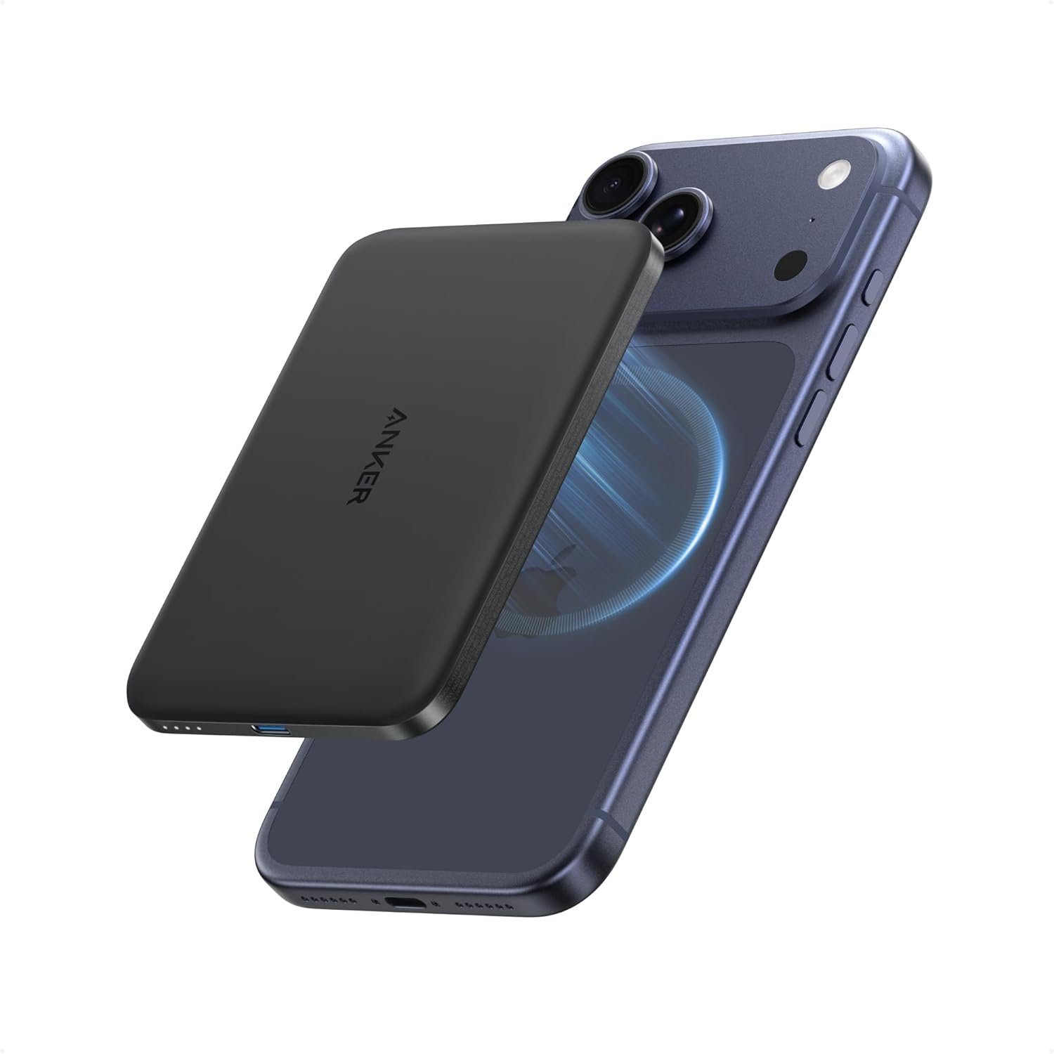 Anker Nano magnetic power bank attached to the back of an iPhone