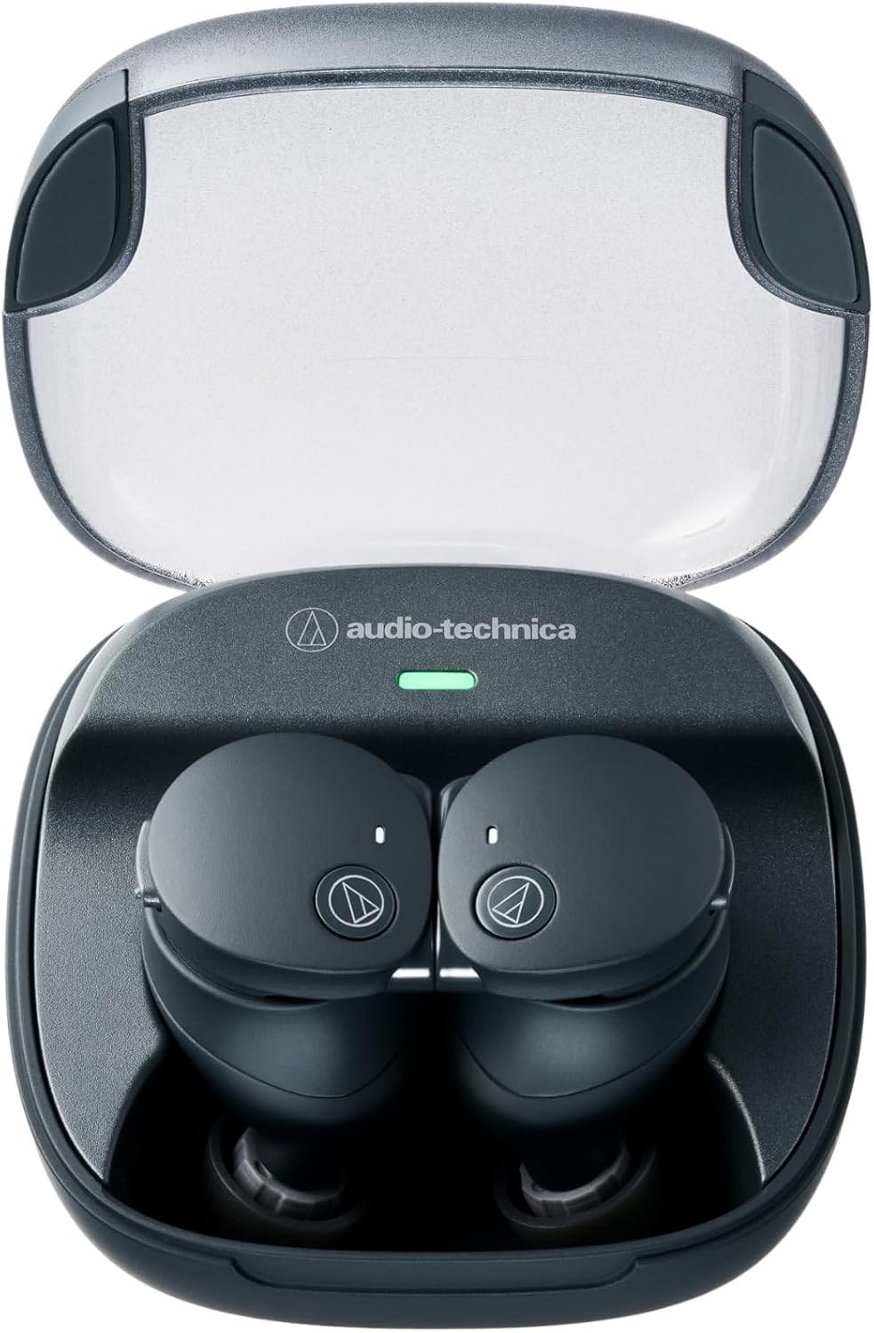 Audio-Technica ATH-CKS50TW2 earbuds in black inside the open charging case