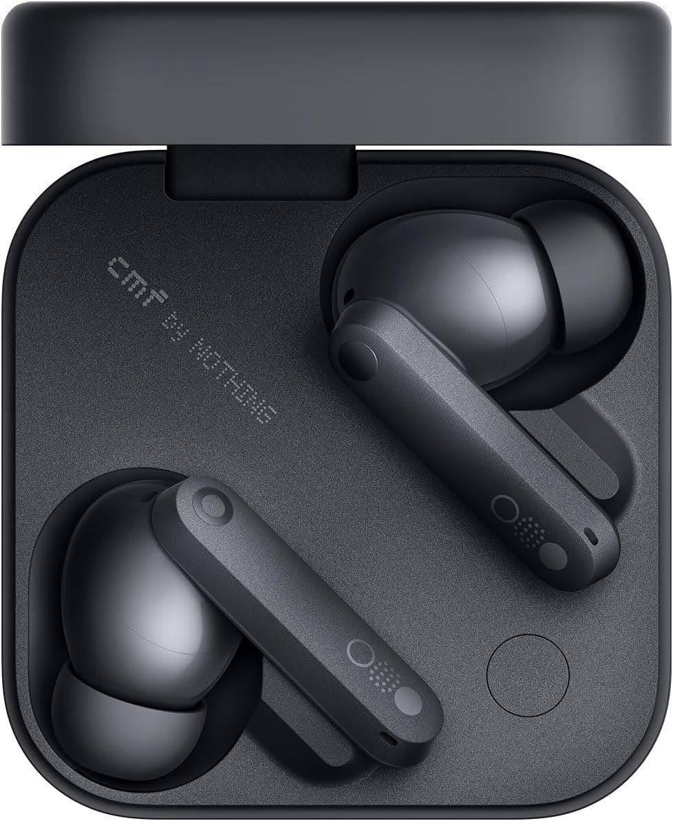 CMF Buds Pro 2 earbuds in Dark Grey inside the open charging case with dial