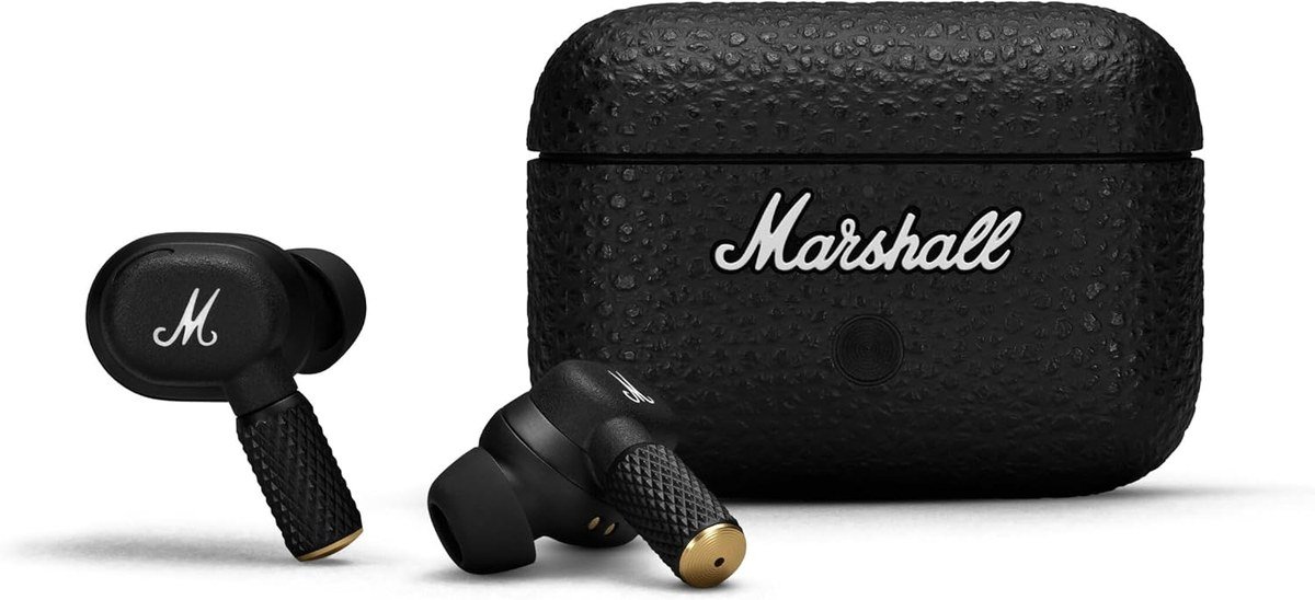 Marshall Motif II A.N.C. earbuds in black with textured charging case