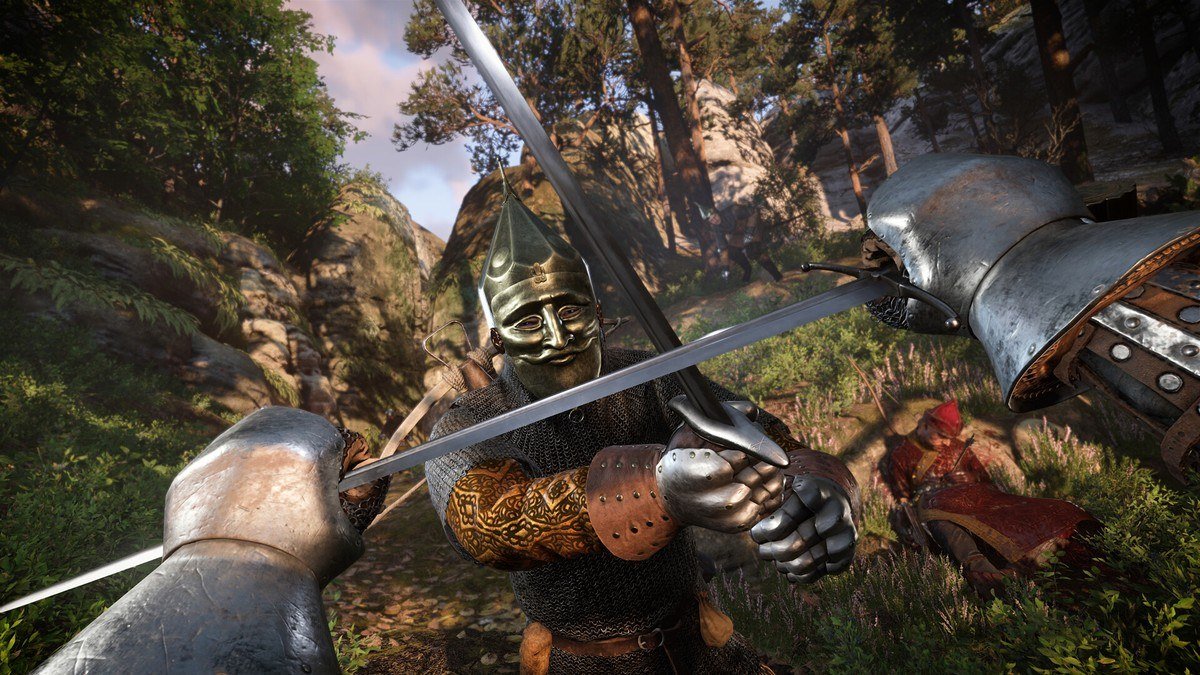 First-person sword clash with a knight in a gilded face-mask helmet in a forest clearing