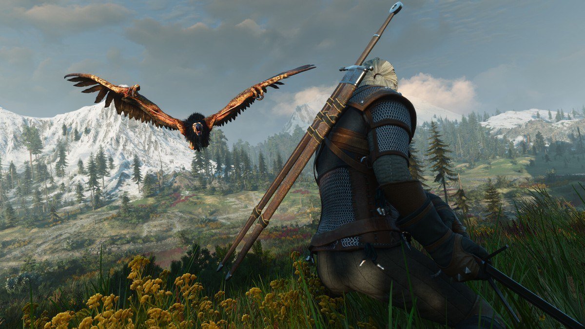 Geralt crouching in a mountain meadow as a winged griffin-like beast swoops toward him