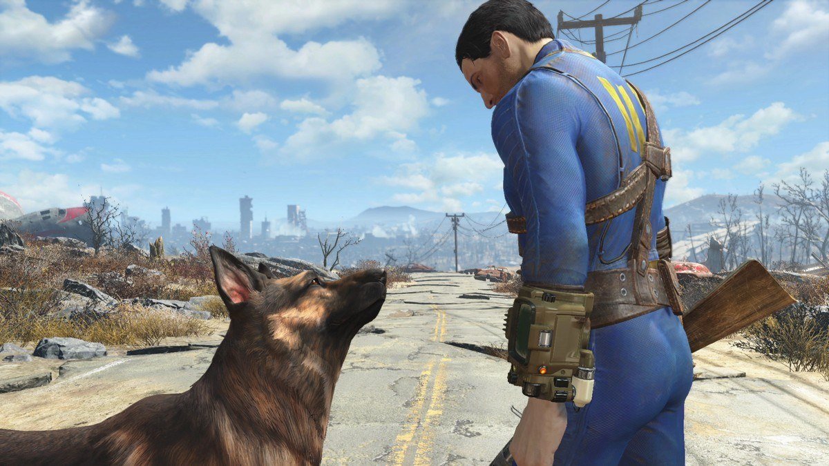 Vault Dweller in a blue jumpsuit and Dogmeat on a cracked road with the ruined Boston skyline
