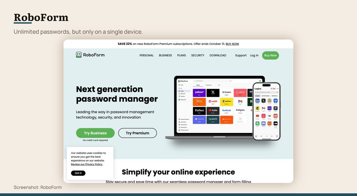 RoboForm shown on the RoboForm page