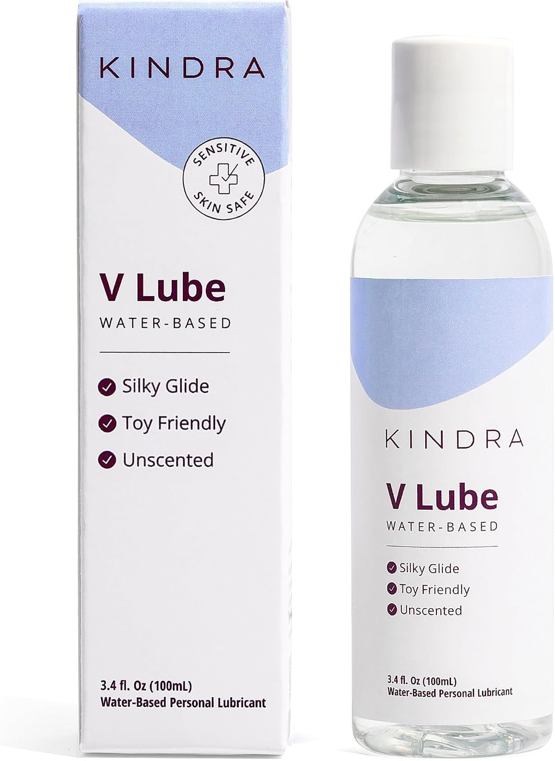 Kindra V Lube water-based personal lubricant in a white 3.4 fl oz bottle