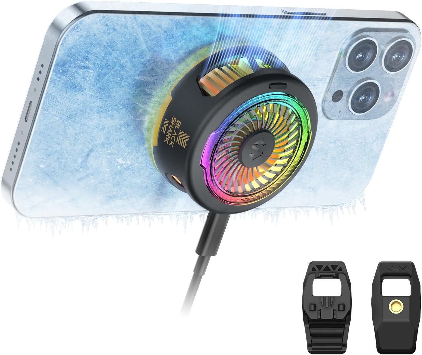 Black Shark FunCooler 5 magnetic phone cooler attached to the back of a phone