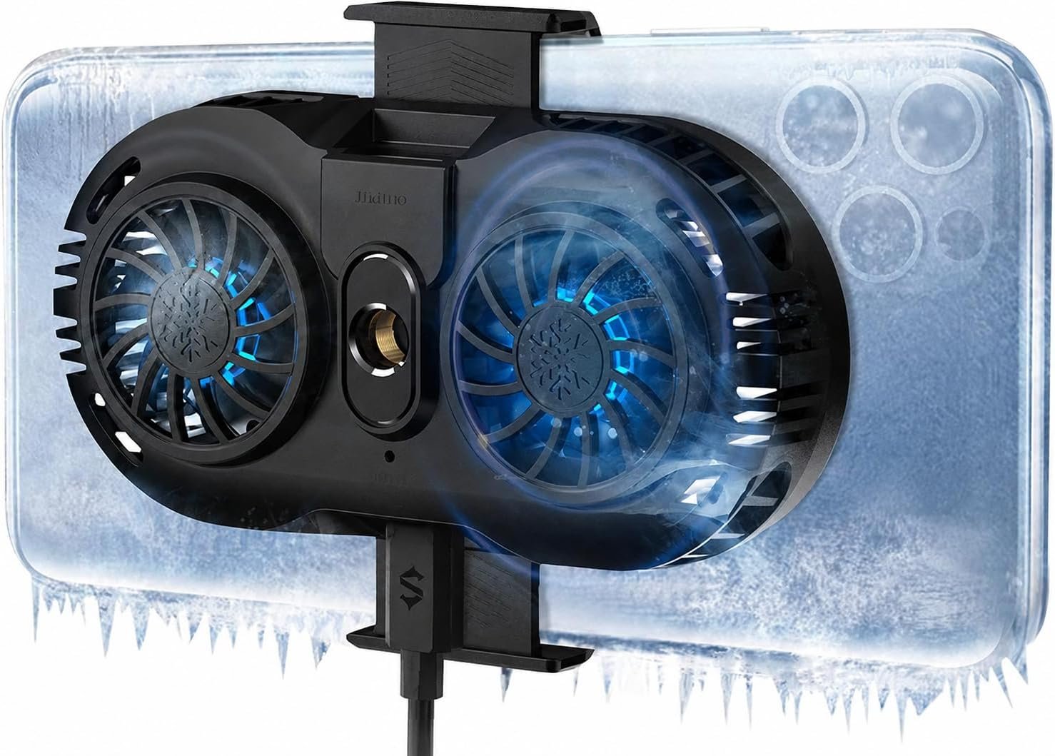 NEVEIKA plug-in phone cooler with a telescopic clip gripping a phone