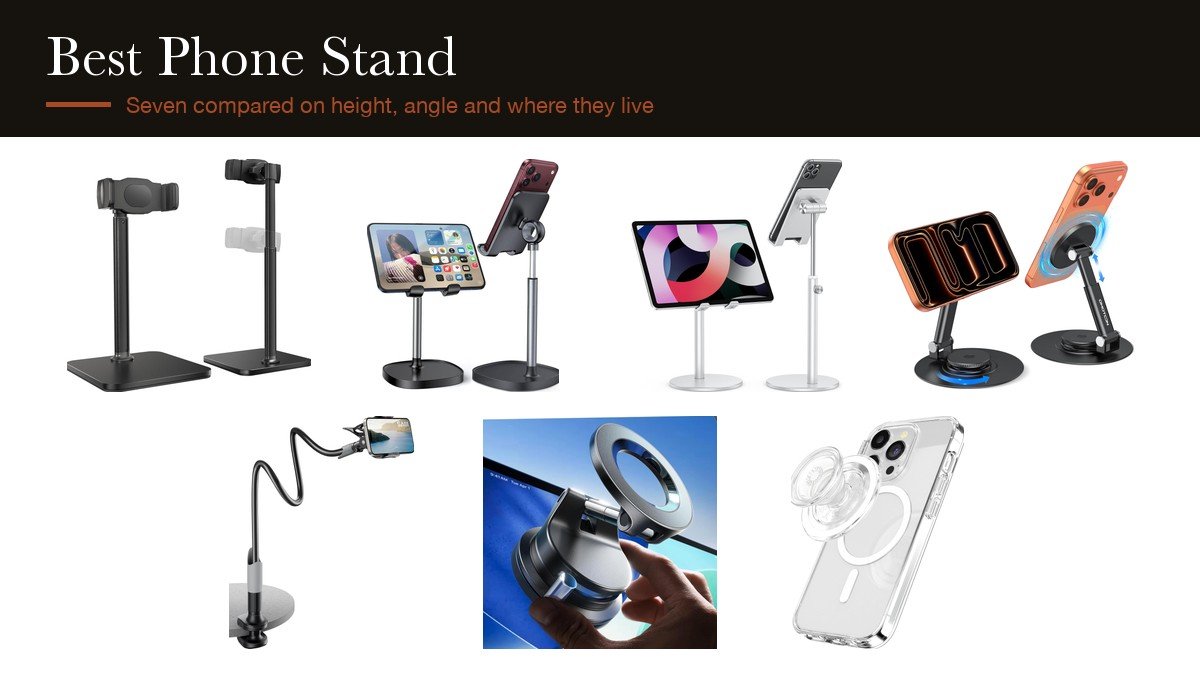 Seven phone stands and holders lined up on white