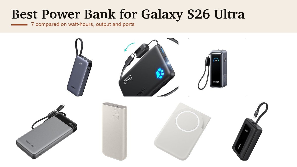 Best power bank for Galaxy S26 Ultra: Samsung, UGREEN, Anker, INIU and EcoFlow power banks on white