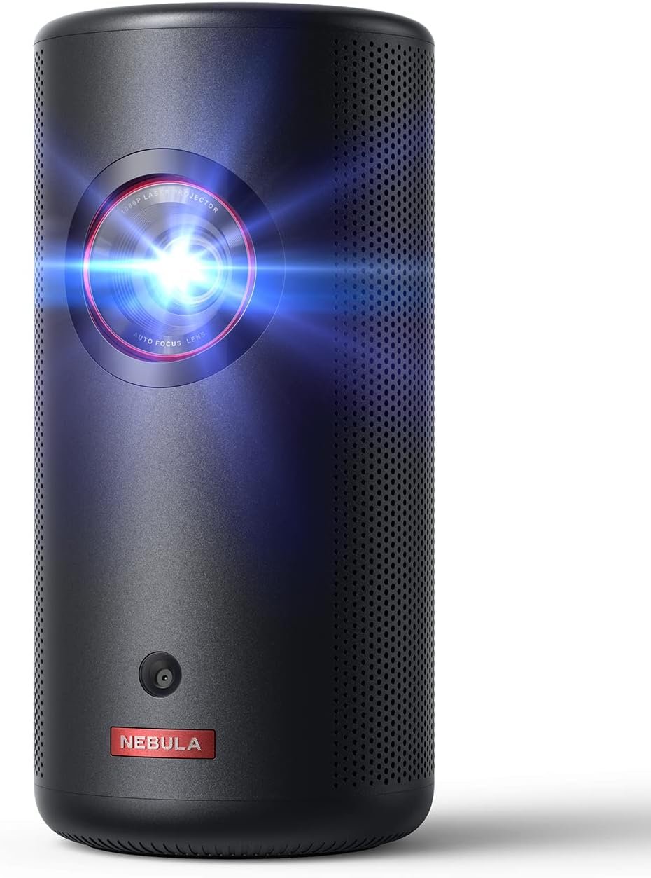 Nebula Capsule 3 Laser portable projector, a small black cylinder with its lens lit