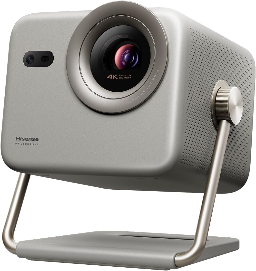 Hisense M2 Pro triple laser portable projector in grey on its metal gimbal stand