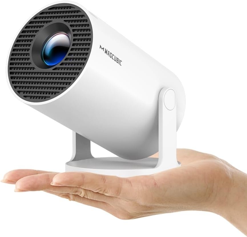 Magcubic HY300PRO mini projector in white held in the palm of one hand