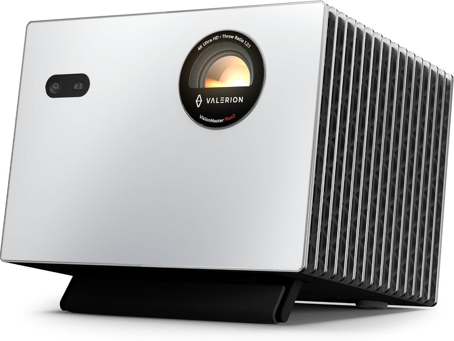 Valerion StreamMaster Plus2 4K laser projector in white with a ribbed side panel on its stand