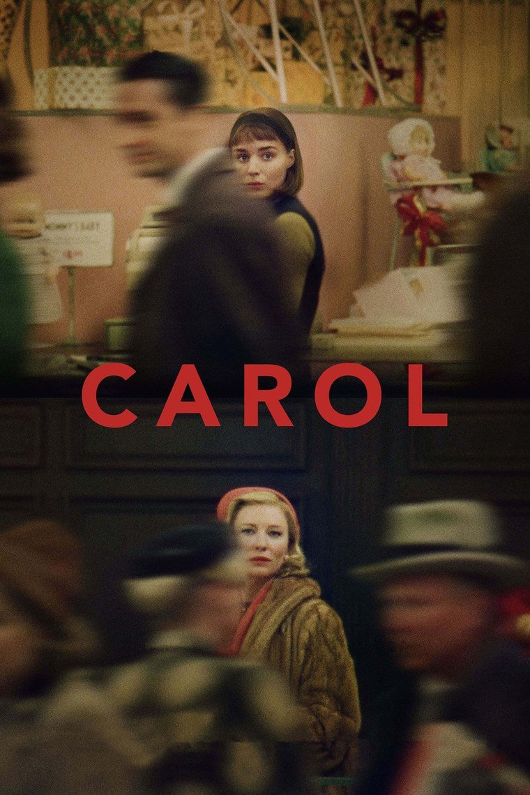 Carol poster showing two women in 1950s coats reflected in glass