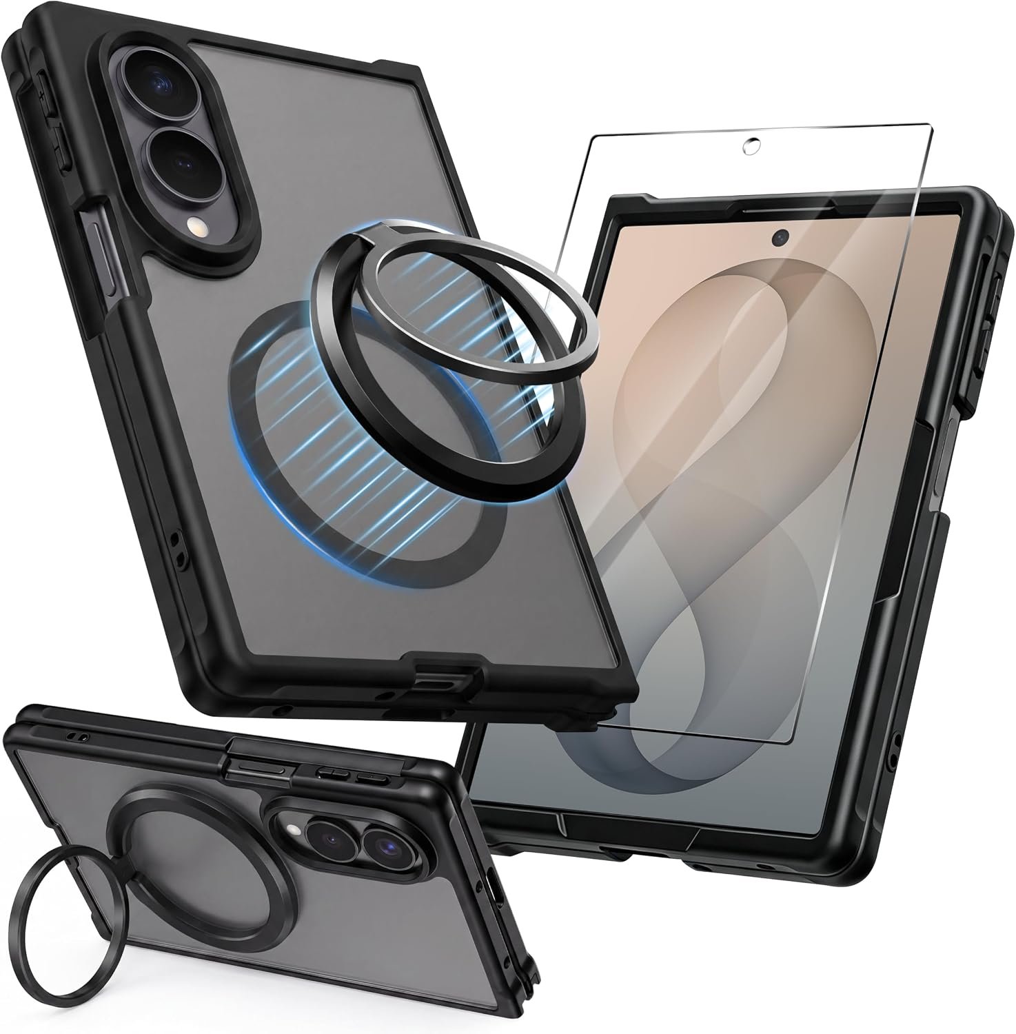 Orzero Galaxy Z Fold8 case with its 360 degree metal ring kickstand rotated out