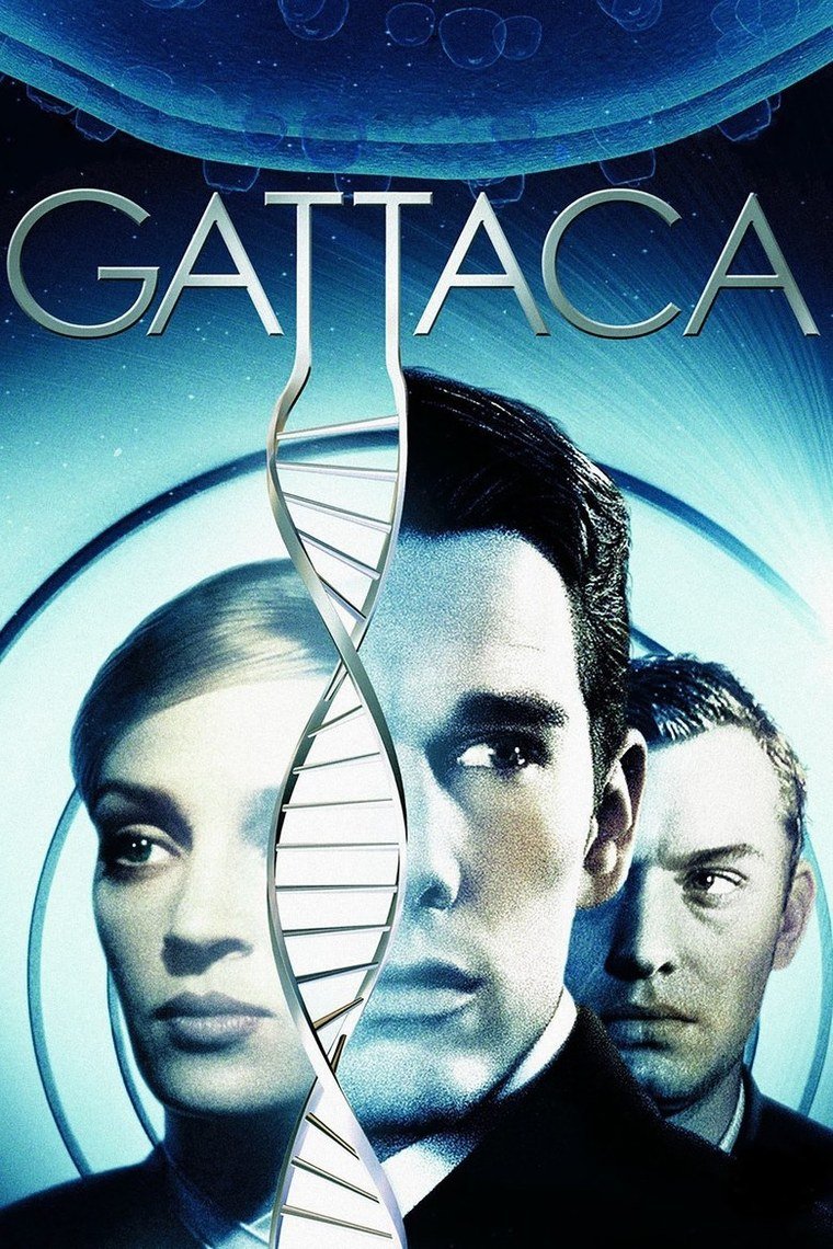 Gattaca poster showing two figures in dark suits on a wide pale staircase