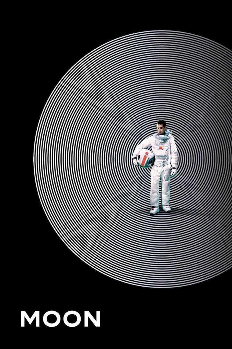 Moon poster showing a lone figure in a spacesuit on a grey lunar surface