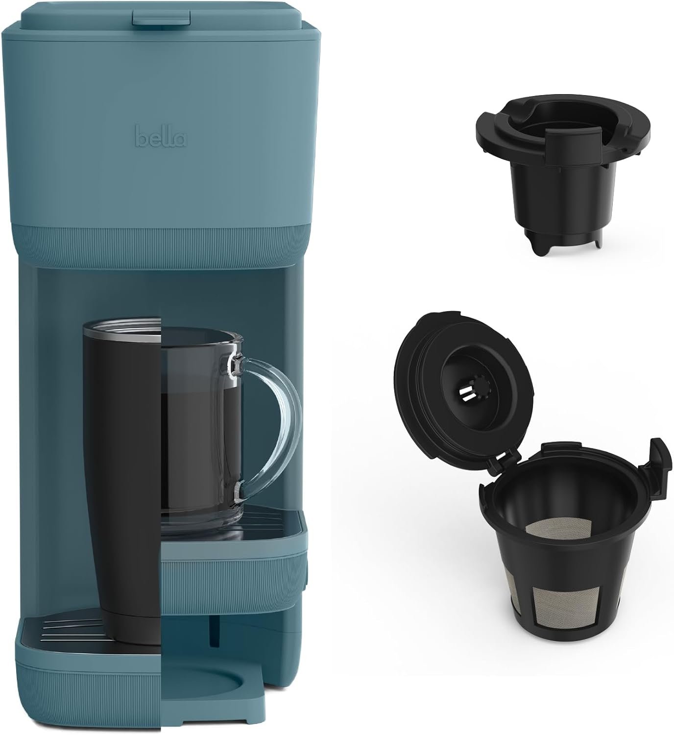 bella single serve coffee maker in Surf teal with its pod adapter and reusable filter