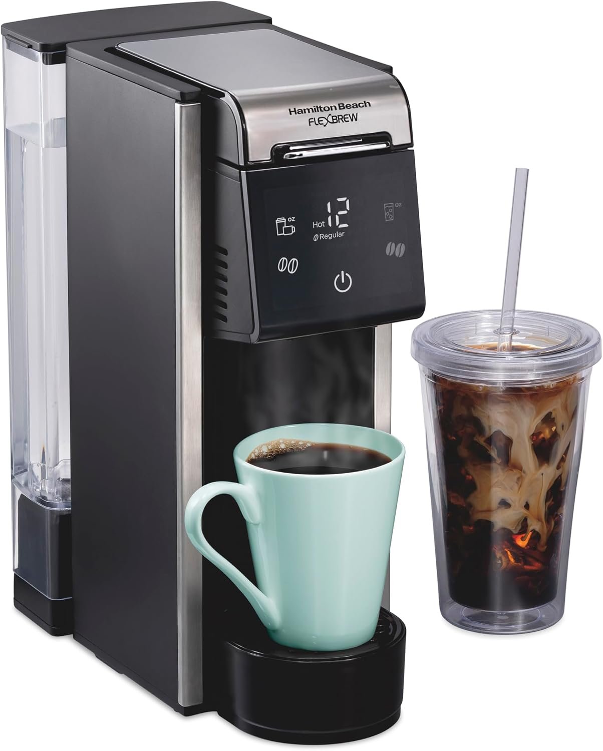 Hamilton Beach FlexBrew Advanced 4-in-1 brewing hot coffee and iced coffee side by side