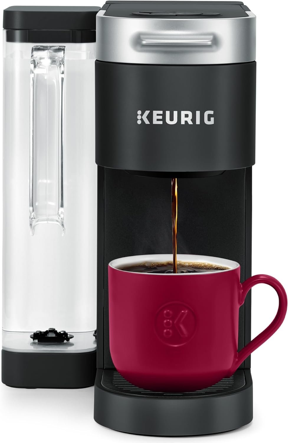 Keurig K-Supreme in black brewing into a red mug beside its 66 ounce reservoir