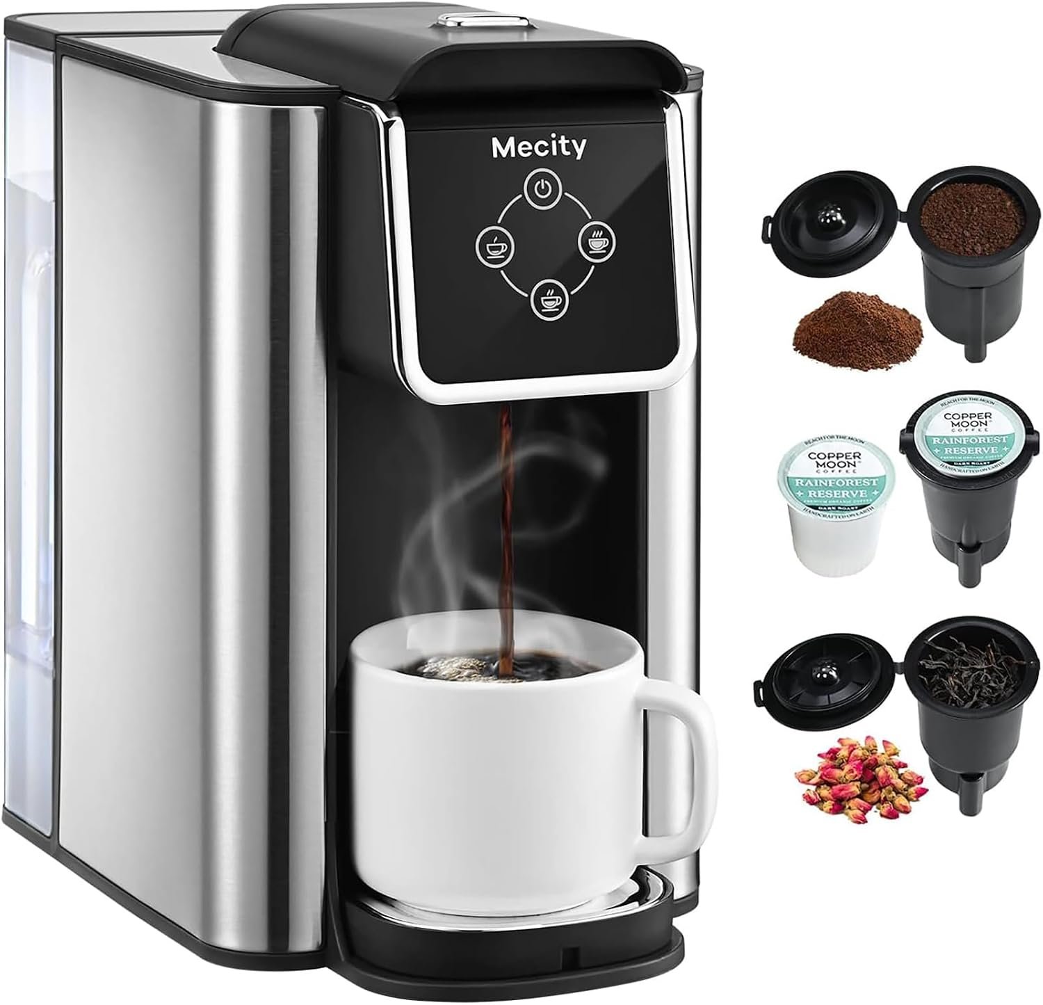 Mecity 3 in 1 single serve coffee machine in stainless steel with pods and its three filters
