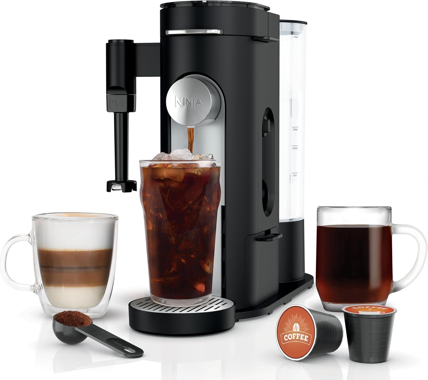 Ninja single serve combo coffee maker with its fold-away milk frother and pod adapter