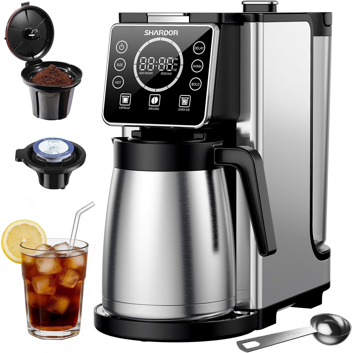 SHARDOR dual brew coffee maker with its stainless steel thermal carafe and pod holder